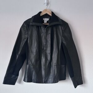 VTG‎ Coldwater Creek L Genuine Leather & Ribbed Knit Zip Coat Jacket Motorcycle